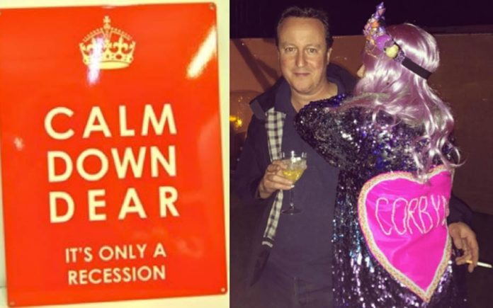 Calmed Down Cameron – David Cameron snapped ‘Hugging a Corbyn’ after he’s revealed to have a ‘Calm Down – It’s Only a Recession’ in his kitchen and a £25,000 shepherd’s hut in his garden