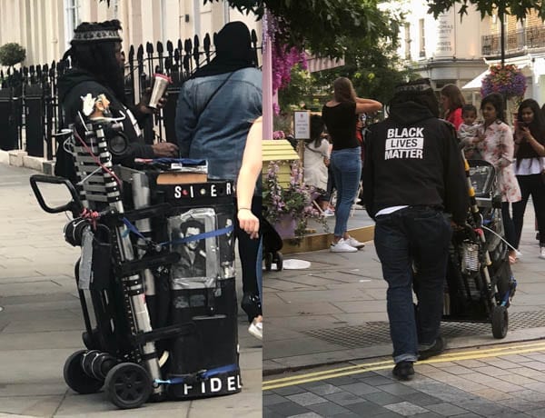 ‘Mr Black Lives Matter’ – Little is known about this Belgravia entertainer – A regular outside Peggy Porschen’s Parlour, 116 Ebury Street, Belgravia, London, SW1W 9QQ ‘Mr Black Lives Matter’ attempts to entertain those queuing for cakes.
