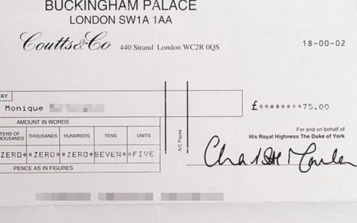 The Cheque Doesn’t Lie – Prince Andrew’s cheques speak volumes – The release of a photograph of a cheque from Prince Andrew to Monique Giannelloni is further evidence of his sordid ways.