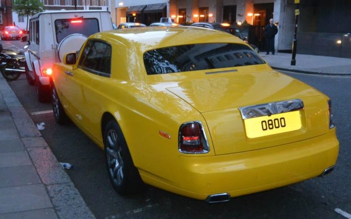 0800 Rolls – Custard coloured Rolls-Royce Phantom coupé, reg 0800