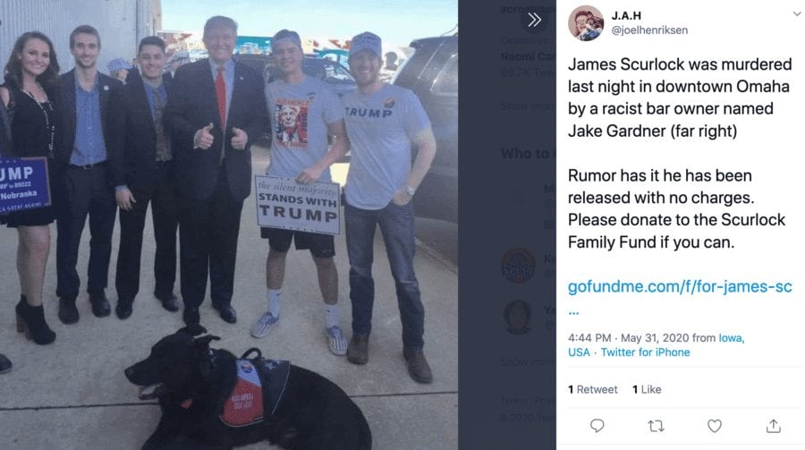 Justice for James Scurlock – Power of social media proven after the senseless murder of James Scurlock in Omaha, Nebraska allegedly by a bar owner Jake Gardner who has been photographed with Donald Trump. 30th May 2020.