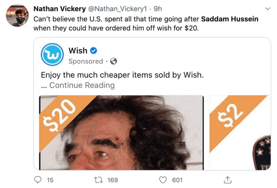 Wishing Saddam for $20 – Silly season sees Saddam Hussein put up for sale – Silly season stupidity sends Saddam Hussein being “sold” for $20 on Wish.com viral.