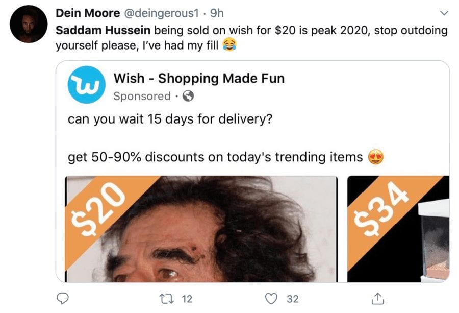 Wishing Saddam for $20 – Silly season sees Saddam Hussein put up for sale – Silly season stupidity sends Saddam Hussein being “sold” for $20 on Wish.com viral.