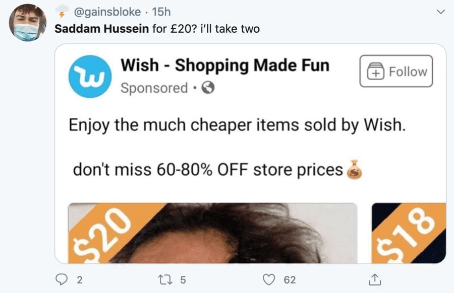 Wishing Saddam for $20 – Silly season sees Saddam Hussein put up for sale – Silly season stupidity sends Saddam Hussein being “sold” for $20 on Wish.com viral.