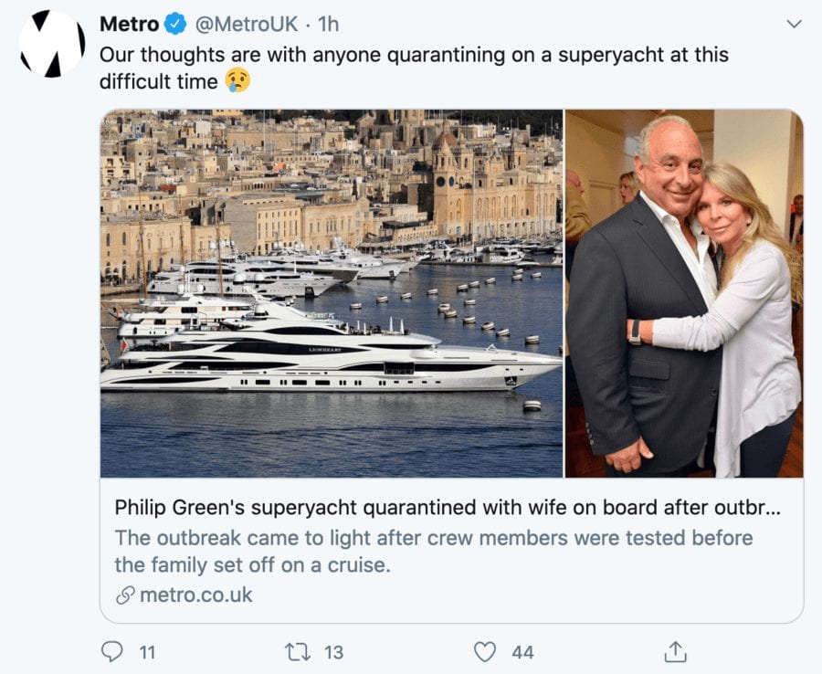 Wally of the Week – Lady Green bleats about being stuck on her yacht – BHS Bandit Sir Philp Green’s wife’s bleating about being stuck on her yacht in Monaco is nothing but pathetic; Lady Green plainly has no comprehension of how out of touch she truly is with reality.