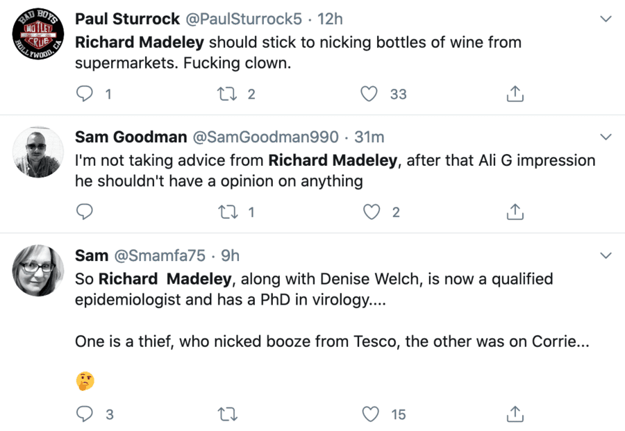 Moron of the Moment – Richard Madeley – Shoplifter and husband of pisshead Richard Madeley has proven himself delusional in declaring himself an expert on coronavirus.