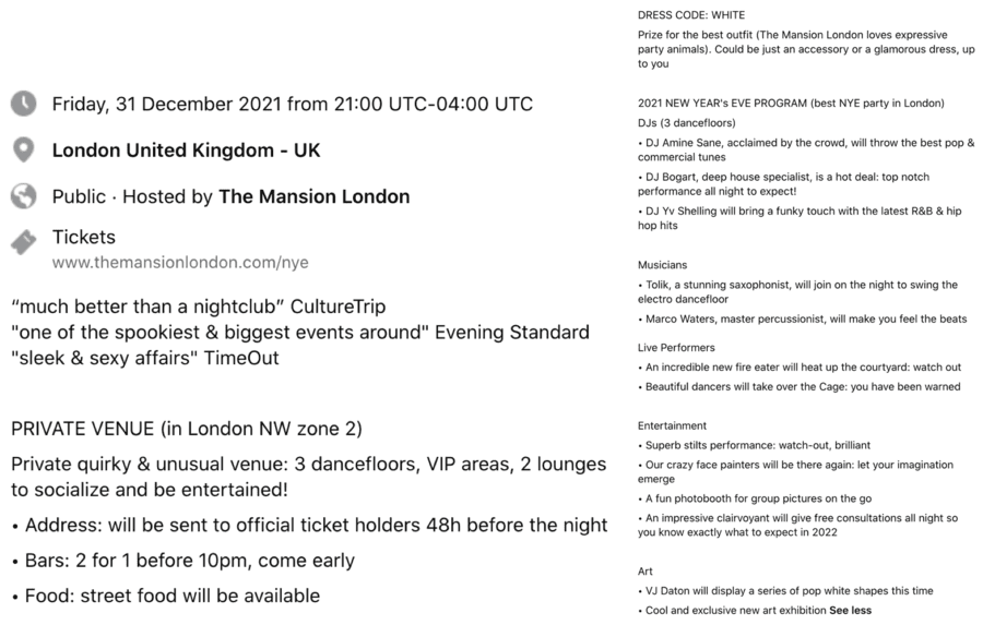 Thinking 2022 – Promoter The Mansion London ditches NYE 2021 and focuses on NYE 2022 – Event promoter bizarrely gives up on the coming New Year and begins promoting an event to welcome in 2022 instead.