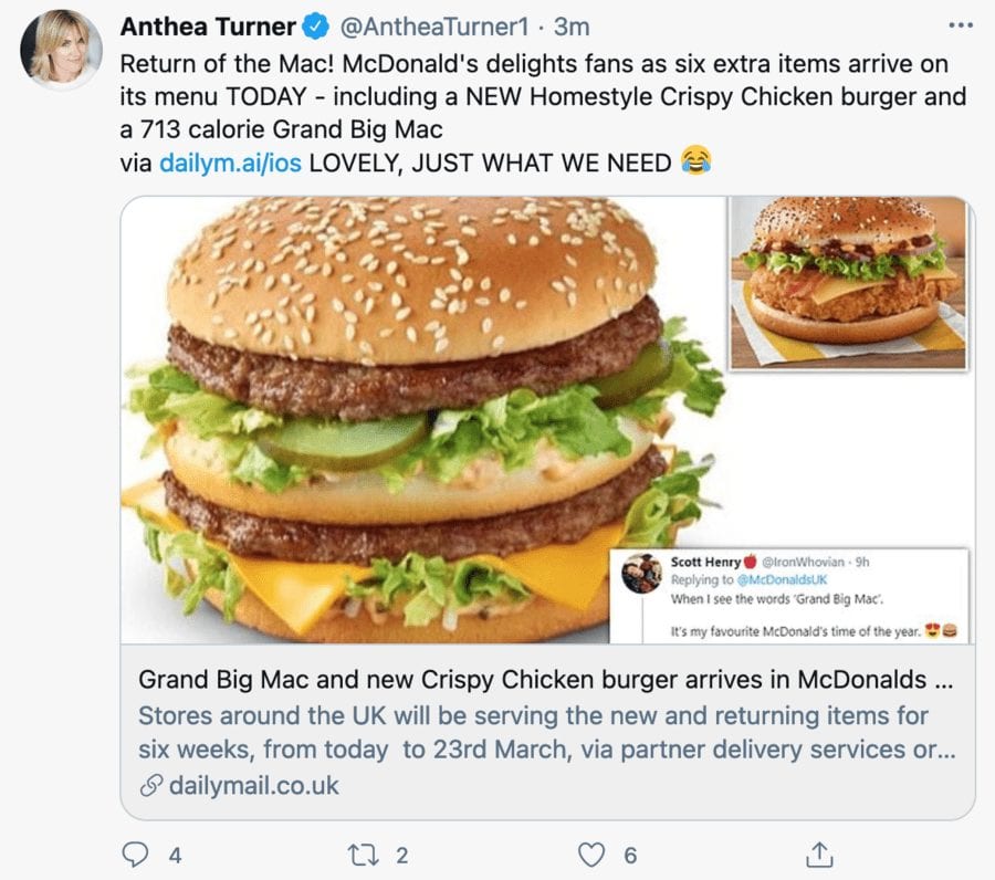 Moron of the Moment 2021 – Anthea Turner – Chocolate bar chomper Anthea Turner swings into action to trend on Twitter after banging on about obesity and coronavirus.