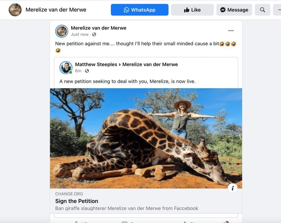 Ban Merelize van der Merwe from Facebook in 2021 – Change.org petition started by ‘The Steeple Times’ seeking to ban giraffe slaying monster Merelize van der Merwe from Facebook goes viral with over 4,000 signatures in less than 24 hours.