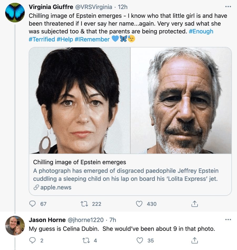 Plane Perverted – Name of 9-year-old on Jeffrey Epstein lap revealed – Previously unnamed 9-year-old child pictured on the lap of Jeffrey Epstein on his plane in ‘Daily Mail’ suggested to be daughter of billionaire Glenn Dubin.