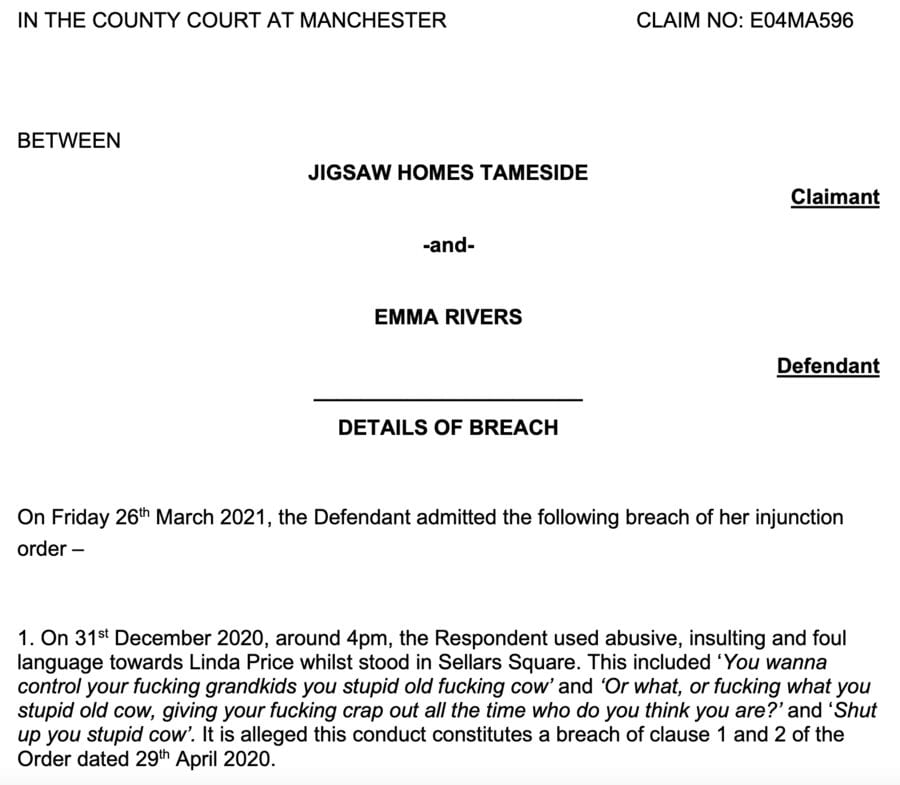 Courting Expletives 2021 – Emma Rivers v Jigsaw Homes Tameside – Extraordinary official civil judgment from the County Court at Manchester packed with expletives sums up the state of once Great Britain; one is simply left wondering if potty mouthed Emma Rivers was trained by the creosoted napkin slapper Dawn Ward.