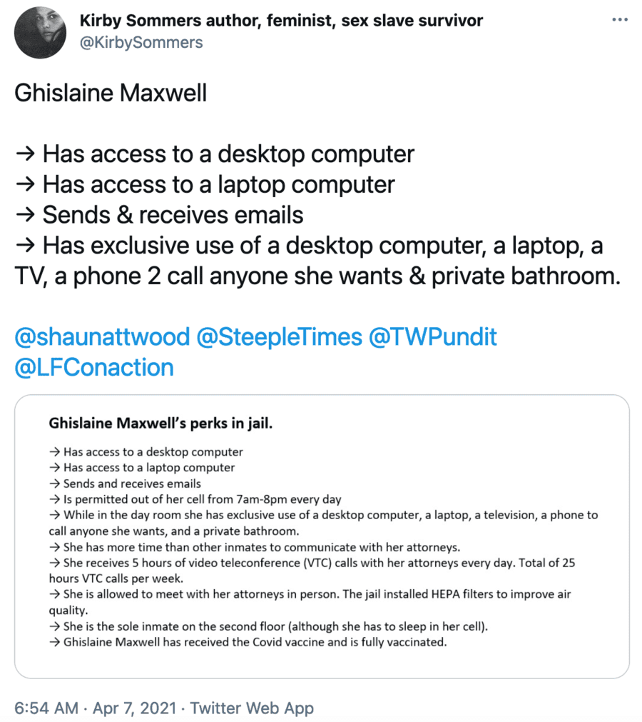 Mucky Maxwell’s Bogus Bogtrot 2021 – Ghislaine Maxwell’s latest lies – Mendacious madam Ghislaine Maxwell’s moaning about her prison conditions exposed as bogtrot as she is revealed to be a mucky pup in the bathroom area.