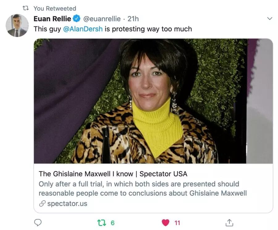 Euan Rellie Alan Dershowitz Ghislaine Maxwell tweet