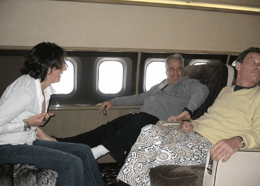 Ghislaine Maxwell flashes her tits at Jeffrey Epstein and Jean-Luc Brunel