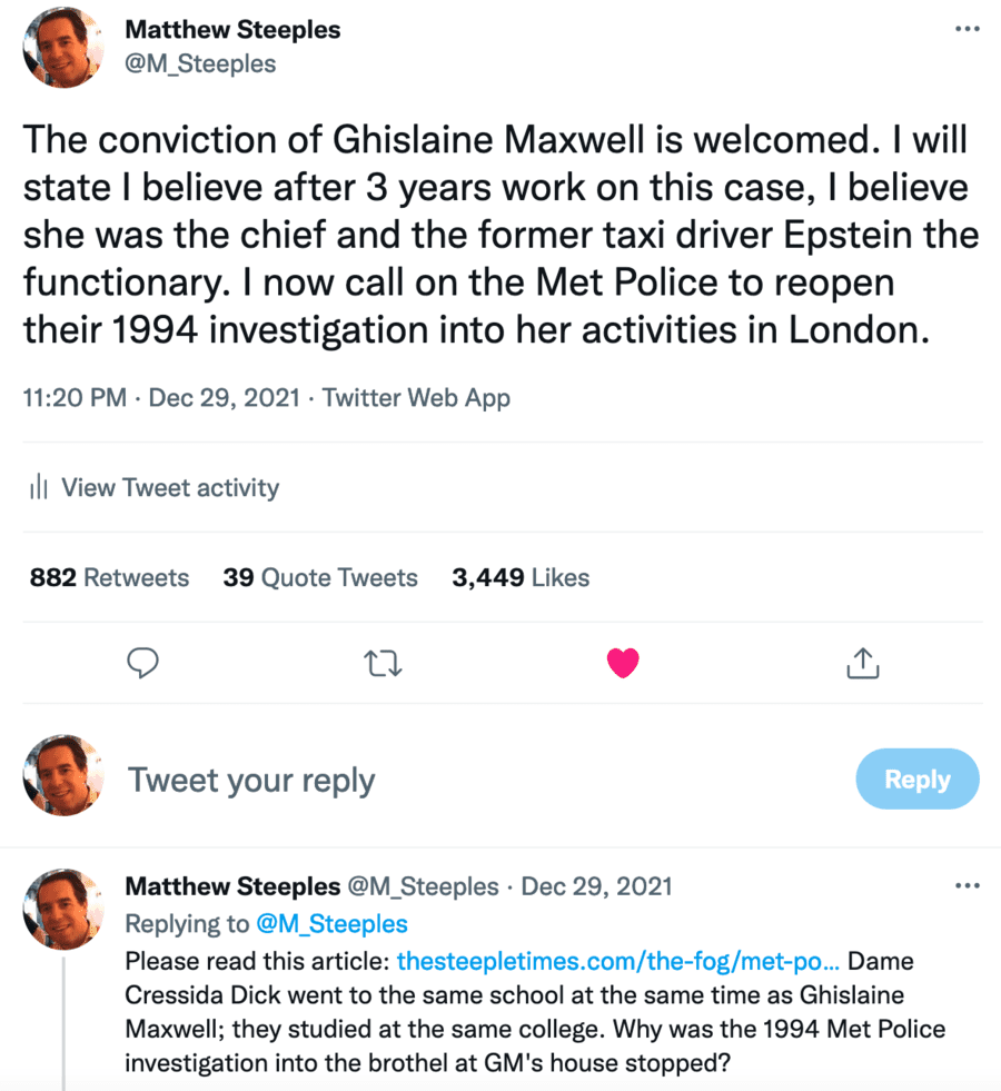 Matthew Steeples tweet 1994 Metropolitan Police investigation 69 Stanhope Mews East Ghislaine Maxwell Dame Cressida Dick