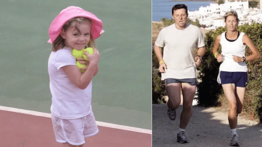 A sense of priorities… Madeleine McCann on a tennis court prior to her ‘disappearance’ in May 2007 and her parents out running near the resort she ‘disappeared’ in the days after her ‘disappearance.’