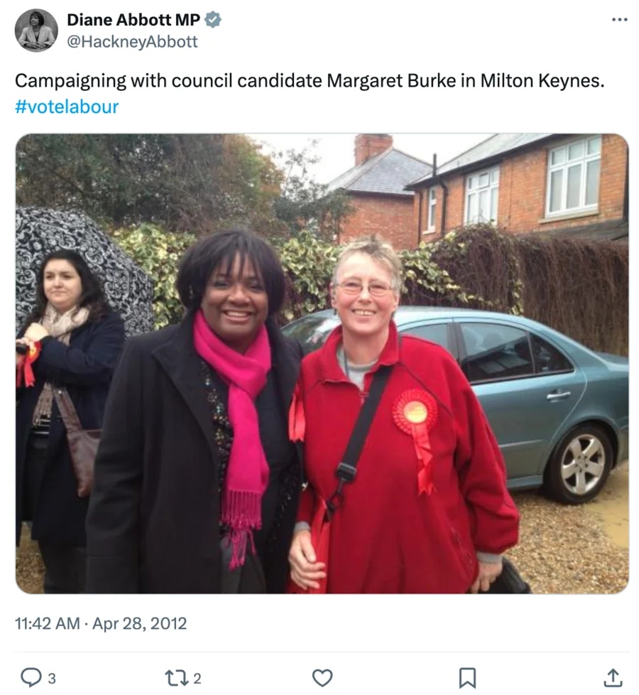 Diane Abbott MP with Labour Neo Nazi Margaret Burke 2012 tweet