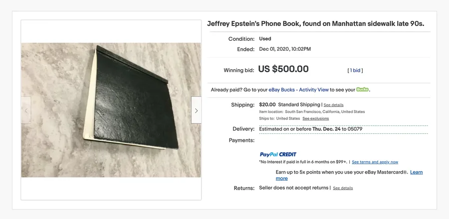 Jeffrey Epstein address book last sold on eBay