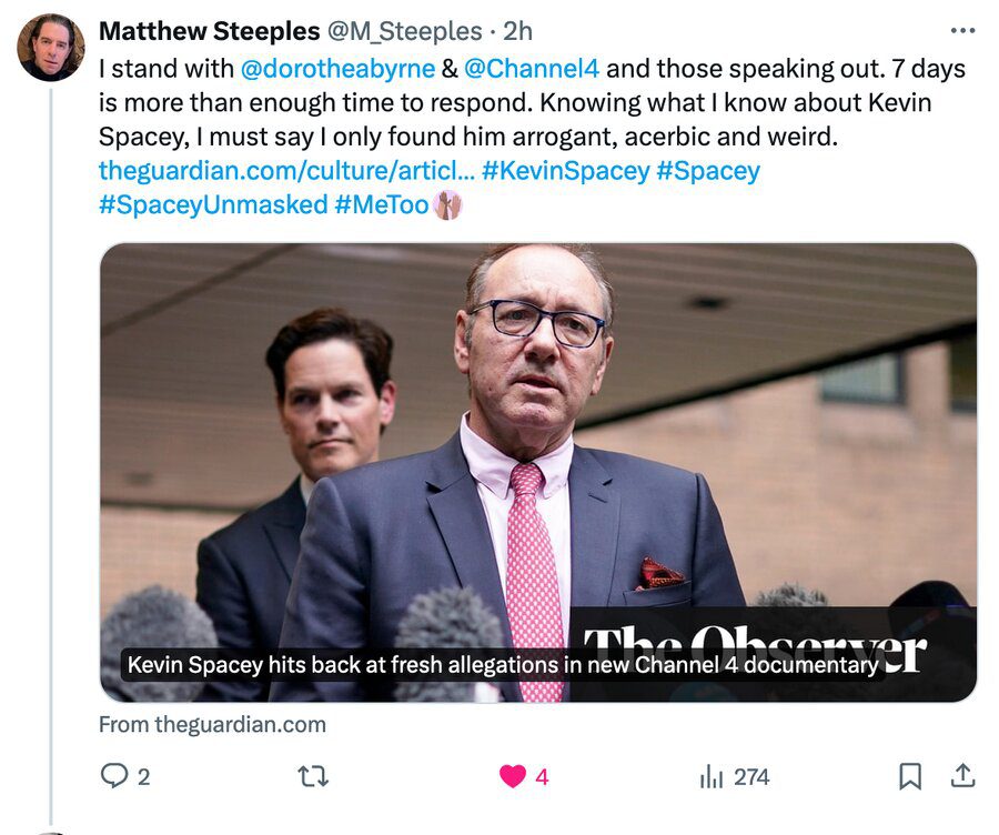The tweet by Matthew Steeples that so clearly triggered Spacey’s Orthodox Jewish agent and ‘close chum.’