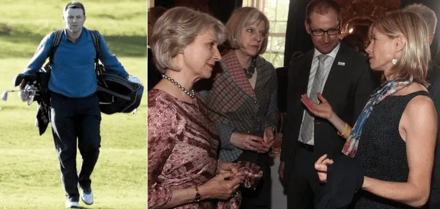 Living-it-up… Gerry McCann enjoying a round of golf (left); Kate McCann at Downing Street, London hobnobbing with Missing People CEO Martin Houghton-Brown, the Duchess of Gloucester and the then Home Secretary Theresa May on 23rd May 2012 (right).