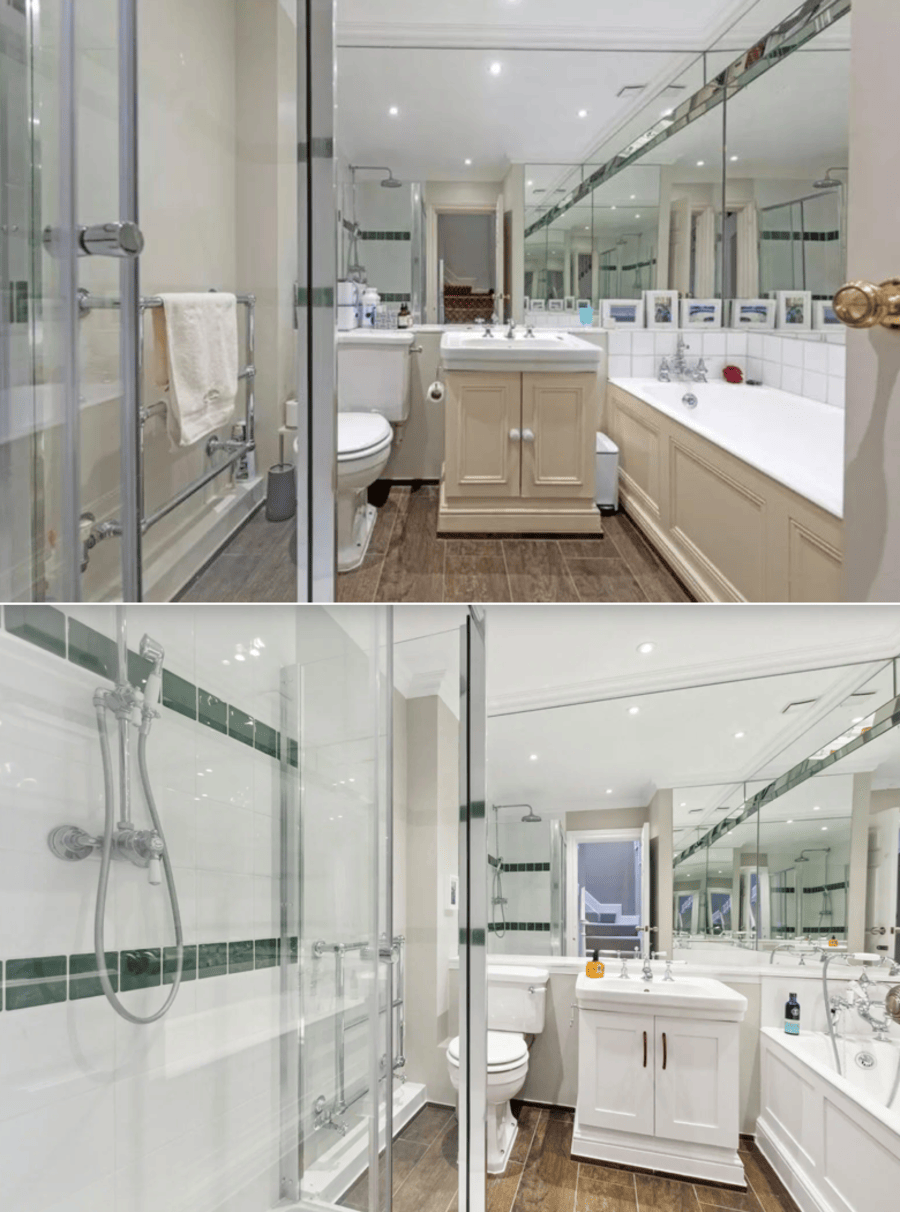 In January 2022, ‘The Steeple Times’ was the first publication to share a photograph of the then unrenovated bathroom at 44 Kinnerton Street where Prince Andrew and Virginia Roberts (now Virginia Giuffre) allegedly bonked in the tub. The image we shared (top) provided proof that the tub was of a standard size and not “too small for any kind of activity whatsoever,” as Ghislaine Maxwell had stated during a 2015 defamation civil case brought after Maxwell called Giuffre a liar. The case was settled in 2017 in favour of Virginia Giuffre and at that time Ghislaine Maxwell was forced to pay damages. The same bathroom photographed in 2024 (bottom). The flooring and fittings all remain; the tiles have been changed, as have the bath taps.