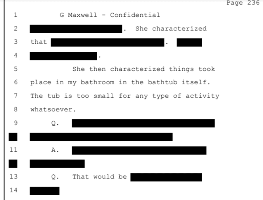 When asked about what occurred on the night of 10th March 2001 in the first-floor bathroom at her Kinnerton Street mews house, Ghislaine Maxwell responded: “[Virginia Roberts] then characterized [sic] things took place in my bathroom in the bathtub itself. The tub is too small for any kind of activity whatsoever.” The picture of that very same tub used in marketing material by Wellbelove Quested and more recently Chestertons proved exactly to the contrary.