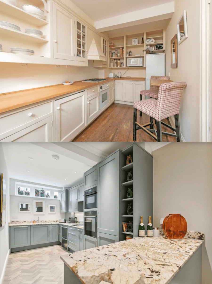 Then and Now – The somewhat decrepit kitchen, as it was in January 2022 (top), and as it now is, after being opened into the adjoining reception room (bottom) in December 2024.