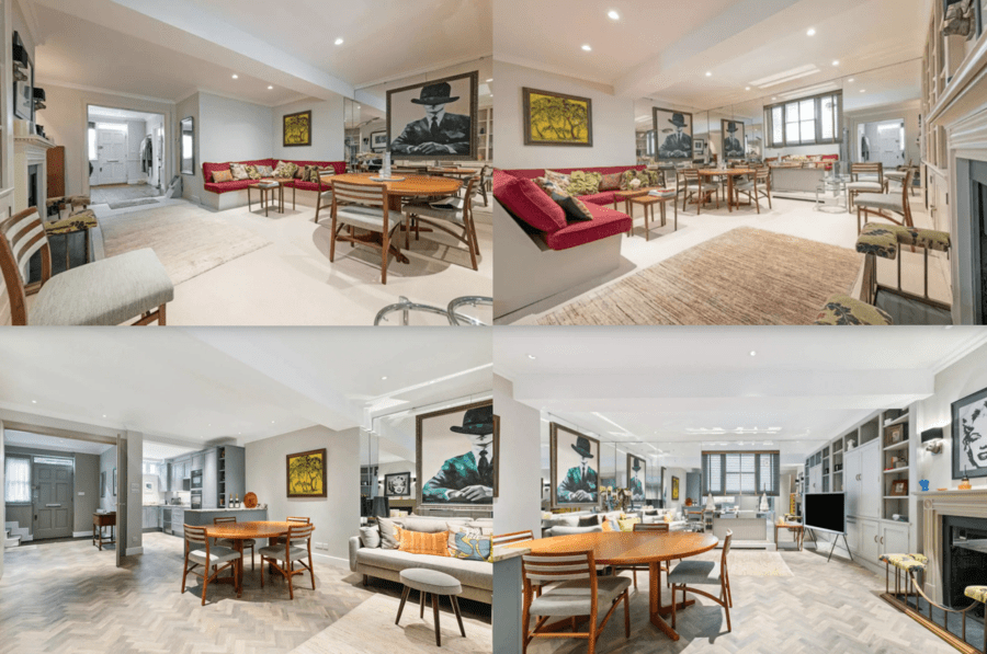 Then and Now – The ground floor reception room of the house (top) as it was in “doctor’s waiting room” style in January 2022 (top) and as it now is in December 2024 (bottom) opened up to the kitchen. Note that though a wall and fitted furnishings have been removed and the flooring replaced, the somewhat naff dining table and chairs remain.